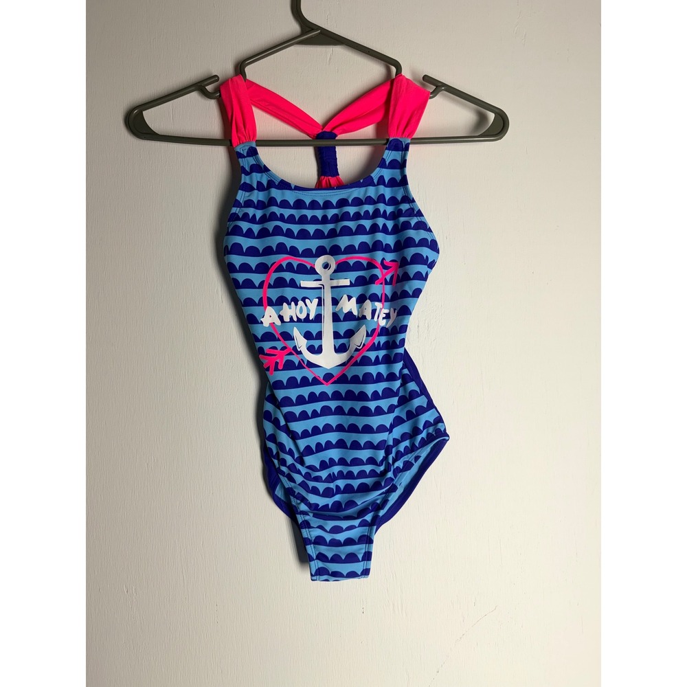 Circo Girls Blue Pink Ahoy Matey Anchor One Piece Swimsuit Size M 7/8 Nautical